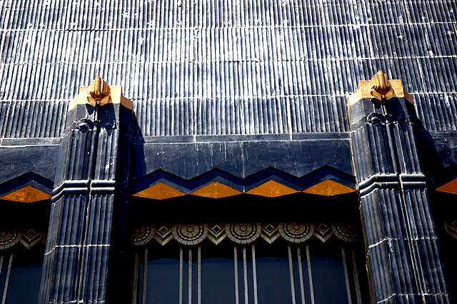 Security-First National Bank of Los Angeles branch at 5209 Wilshire Boulevard, 1929, Morgan, Walls and Clements (Stiles O. Clements' black-and-gold terra cotta design)