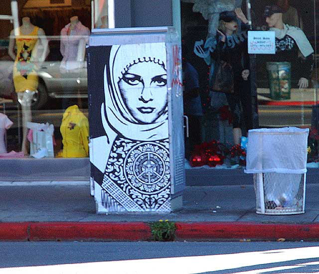 Muslim woman graphic with trash can, Melrose Avenue