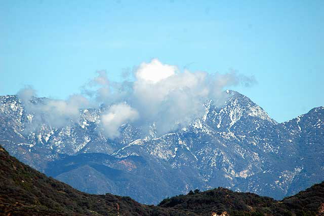 Snow in the San Gabriel Mountains, as seen from Mulholland Drive, just above Hollywood