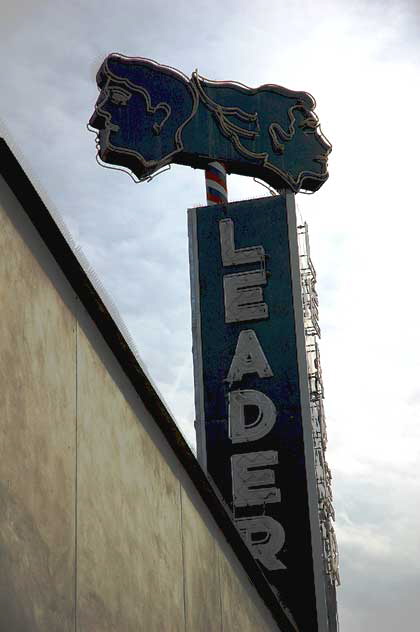 "Leader" sign - at the former offices of the now defunct local newspaper, Fairfax Avenue, south of Melrose
