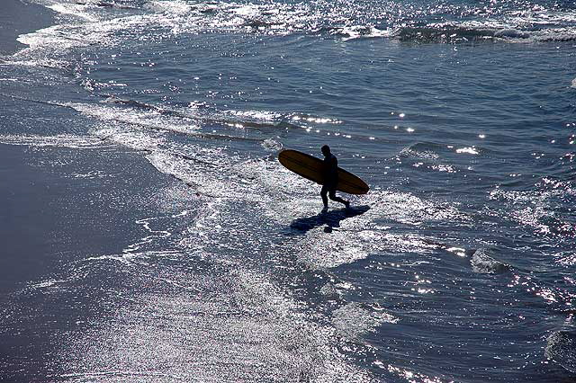 A winter surfer down in Manhattan Beach