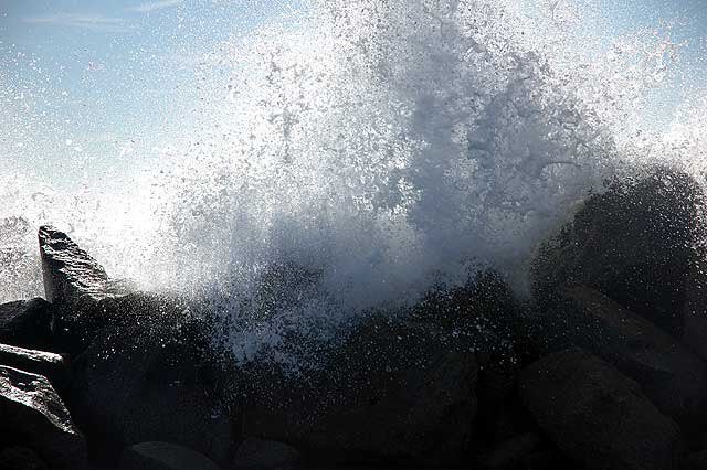 Waves breaking on Venice Beach breakwater, January 14, 2008