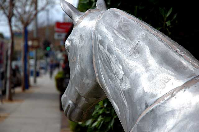 Mysterious silver horse in front of a gallery, Santa Monica Boulevard, West Hollywood