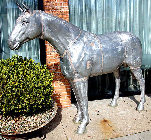 Mysterious silver horse in front of a gallery, Santa Monica Boulevard, West Hollywood