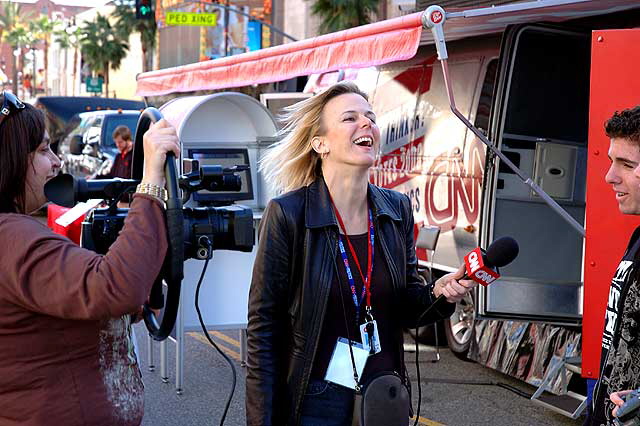 The Los Angeles Democratic Presidential Debate, January 31, 2008, at the Kodak Theater on Hollywood Boulevard – and this was what was happening outside, just before the debate began.  CNN's woman does some interviewing.