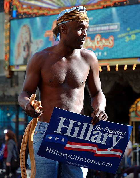 The Los Angeles Democratic Presidential Debate, January 31, 2008, at the Kodak Theater on Hollywood Boulevard – this was what was happening outside, just before the debate began.  The Obama folks outnumbered the Clinton folks.