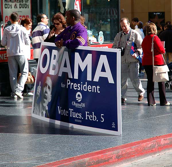 The Los Angeles Democratic Presidential Debate, January 31, 2008, at the Kodak Theater on Hollywood Boulevard  this was what was happening outside, just before the debate began.  The Obama folks outnumbered the Clinton folks.