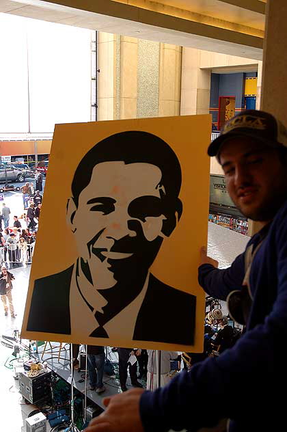 The Los Angeles Democratic Presidential Debate, January 31, 2008, at the Kodak Theater on Hollywood Boulevard  this was what was happening outside, just before the debate began.  The Obama folks outnumbered the Clinton folks.