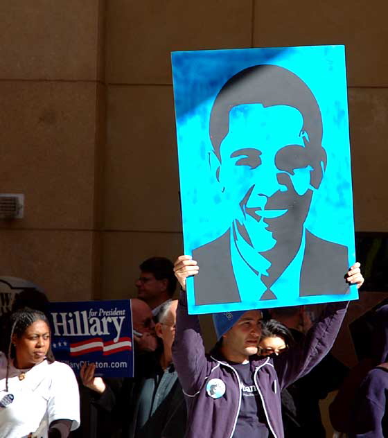 The Los Angeles Democratic Presidential Debate, January 31, 2008, at the Kodak Theater on Hollywood Boulevard  this was what was happening outside, just before the debate began.  The Obama folks outnumbered the Clinton folks.