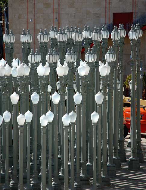 Chris Burden's "Urban Light," a temple-like installation of 202 vintage L.A. streetlamps, at the Los Angeles County Museum of Art (LACMA) on Wilshire