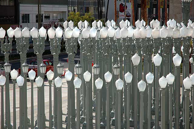Chris Burden's "Urban Light," a temple-like installation of 202 vintage L.A. streetlamps, at the Los Angeles County Museum of Art (LACMA) on Wilshire