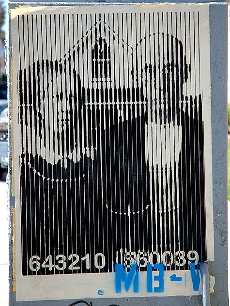 Grant Wood's American Gothic as barcode, graphic on utility box, La Brea Boulevard 