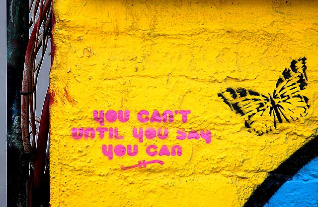 Butterfly on painted brick wall, Venice Beach - "You can't until you say you can"
