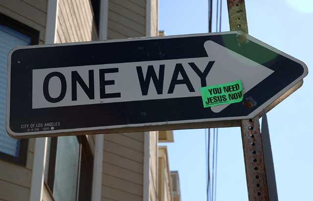 Jesus sign on one-way arrow, Venice Beach, California