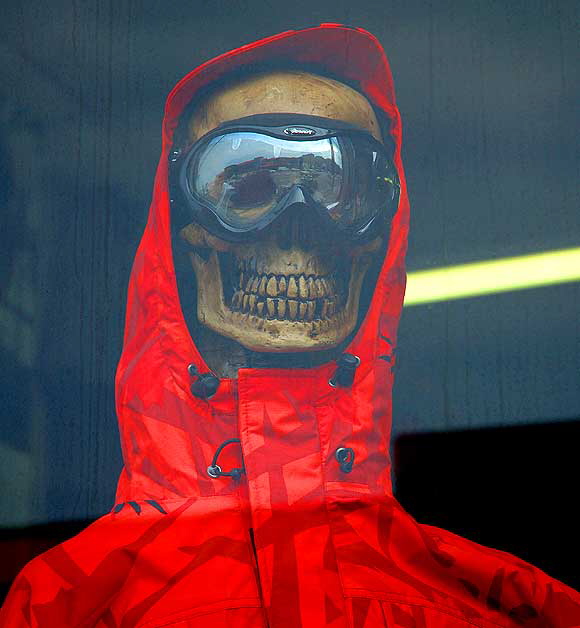 Skull manikin in camouflage with goggles in shop window - Lincoln Boulevard, Venice Beach, California