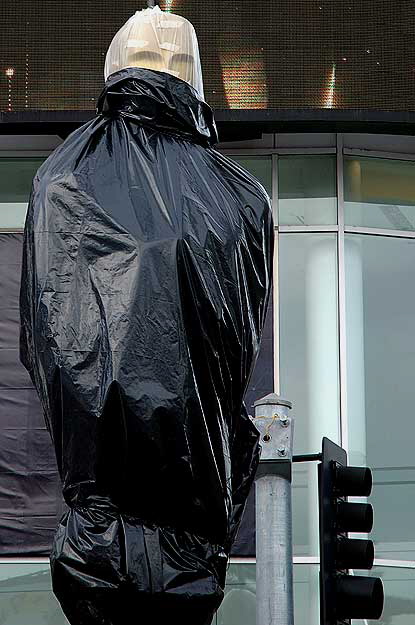 Giant Oscar figure wrapped to protect it from the rain prior to the Motion Pictures Arts and Sciences presentation of the Oscars - Hollywood and Highland at the Kodak Theater, Friday, February 22, 2008