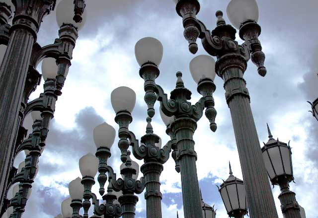 Chris Burden's "Urban Light," an installation of 202 vintage Los Angeles streetlamps at the new Broad Contemporary Art Museum (BCAM), Wilshire Boulevard