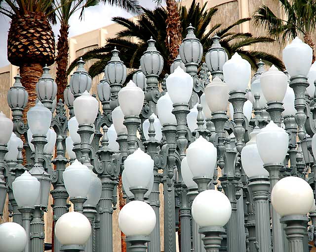 Chris Burden's "Urban Light," an installation of 202 vintage Los Angeles streetlamps at the new Broad Contemporary Art Museum (BCAM), Wilshire Boulevard