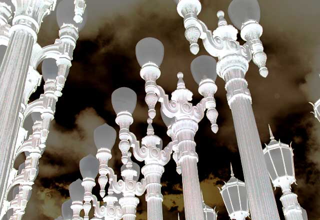 Chris Burden's "Urban Light," an installation of 202 vintage Los Angeles streetlamps at the new Broad Contemporary Art Museum (BCAM), Wilshire Boulevard