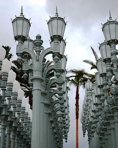 Chris Burden's "Urban Light," an installation of 202 vintage Los Angeles streetlamps at the new Broad Contemporary Art Museum (BCAM), Wilshire Boulevard