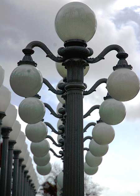 Chris Burden's "Urban Light," an installation of 202 vintage Los Angeles streetlamps at the new Broad Contemporary Art Museum (BCAM), Wilshire Boulevard