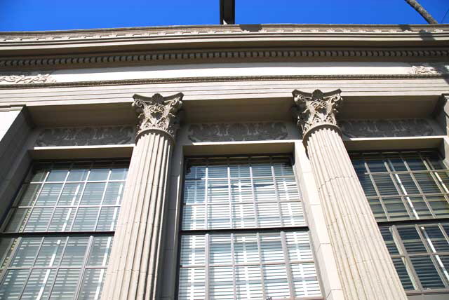 The newly restored Federalist-style bank building from the thirties, at the corner of Hollywood Boulevard and North Wilton Place