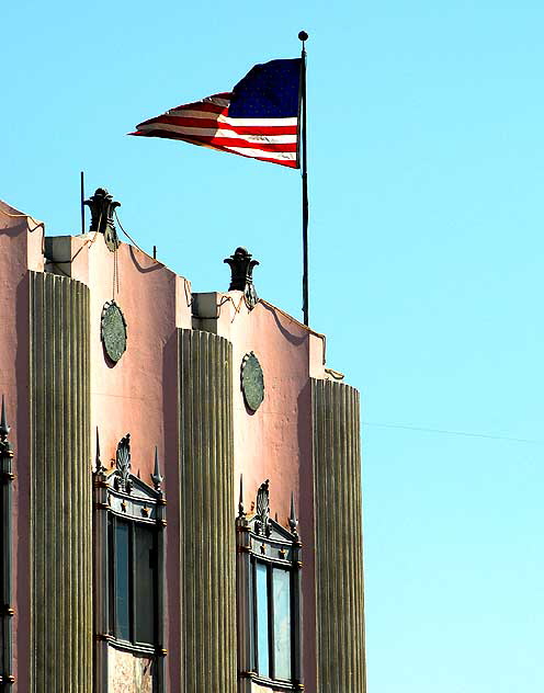 Detail of the Max Factor Building, Highland at Hollywood Boulevard - the Hollywood Fire and Safe building, built by C.E. Toberman in 1913, renovation design by theater architect S. Charles Lee (1899-1990) in Regency Deco style, completed in 1935 