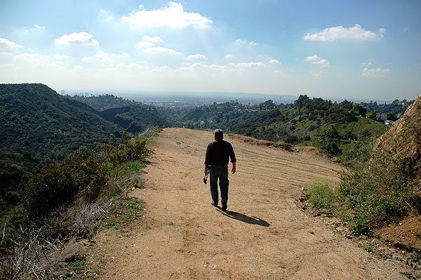 The editor with tripod - the view from just under the Hollywood sign, from the top of Beachwood Canyon, looking south, March 2006 