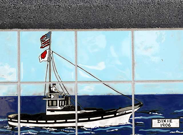 Old fishing boat - mosaic tile at the Fishing Industry Memorial - 5th Street at South Harbor Boulevard., San Pedro, California