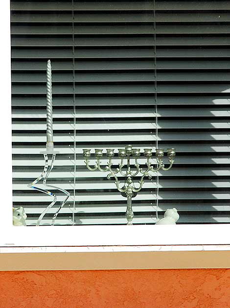 Menorah and candle in window - Ninth Street, Hermosa Beach
