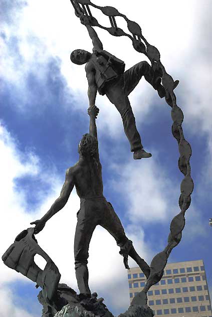 Two merchant seamen climbing a Jacob's ladder after making a rescue at sea  sculpture by Jasper D'Ambrosi  at the American Merchant Marine Veterans Memorial, South Harbor Boulevard at West 6th Street, San Pedro, California