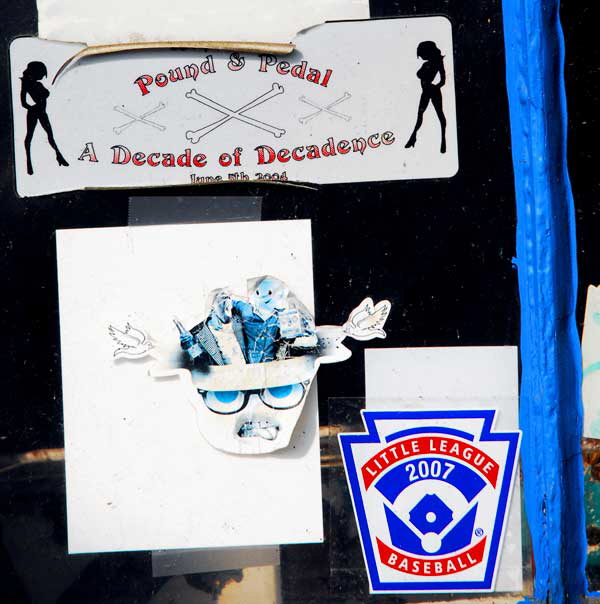 Stickers in window at "The Shack" - 185 Culver Boulevard at Esplanade Street, Playa Del Rey
