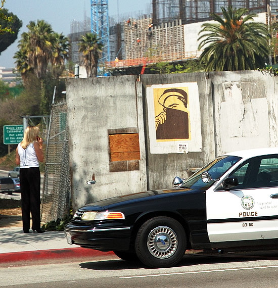 Hill Street Blues - the Hollywood Freeway, the LAPD cruiser, the mysterious poster (with an anti-war sticker), palm trees and construction, and an angry woman on a cell phone.  Hill Street - downtown Los Angeles.