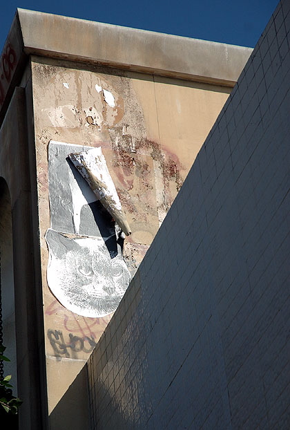 Cat sticker on abandoned theater, Hollywood Boulevard