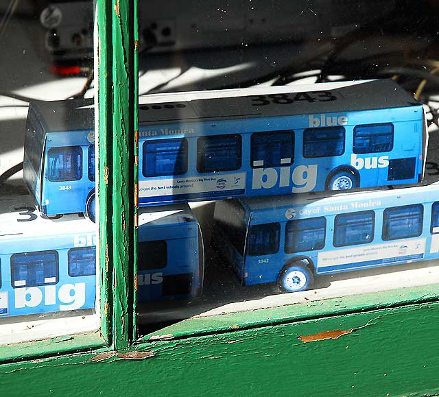 Cardboard Busses in window, Main Street in the Ocean Park area of Santa Monica