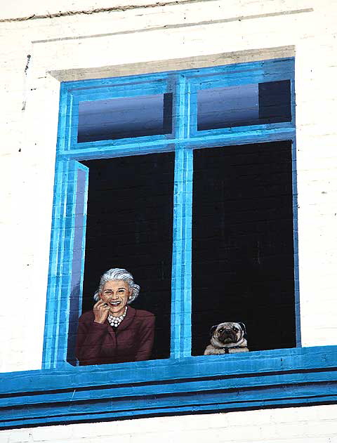 Trompe l'oeil wall, Main Street, Ocean Park - woman and dog in window