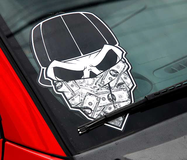 "Money Skull" - sticker on car windshield, Melrose Avenue