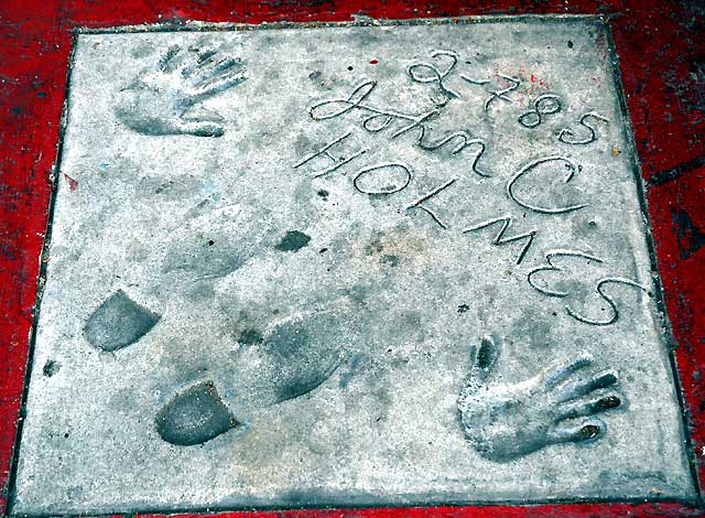John Holmes footprints and handprints in concrete - sidewalk at Studs Theatre?, 7734 Santa Monica Boulevard, West Hollywo