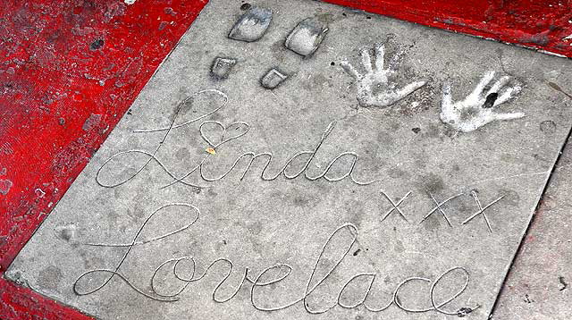 Linda Lovelace footprints and handprints in concrete - sidewalk at Studs Theatre?, 7734 Santa Monica Boulevard, West Hollywood