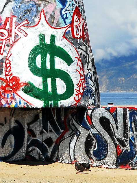 Graffiti tower at Venice Beach, Money Bag and Green Dollar Sign