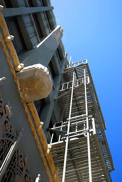 Blue framing  the Hollywood Center Building - Hollywood Boulevard at Cherokee - the first home of the Screen Actors Guild and of the Writers Guild of America - 1929, by Norton and Wallis-an example of the subset of Art Deco know as Zigzag Moderne 