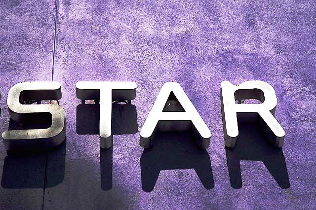 "Star" - lettering with shadows on lavender wall, Hollywood Boulevard