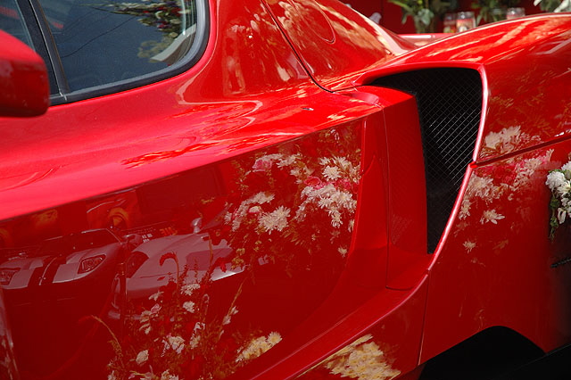 The Enzo Ferrari comedian Eddie Griffin wrecked during a recent charity race, on display outside Mann Chinese Theater, Hollywood, prior to the premier of the movie, "Redline." 