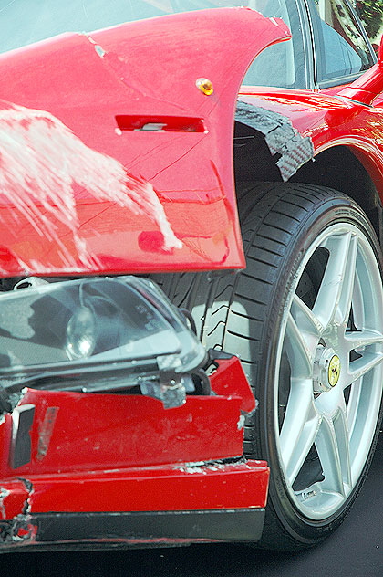 The Enzo Ferrari comedian Eddie Griffin wrecked during a recent charity race, on display outside Mann Chinese Theater, Hollywood, prior to the premier of the movie, "Redline." 