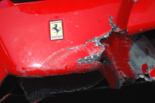 The Enzo Ferrari comedian Eddie Griffin wrecked during a recent charity race, on display outside Mann Chinese Theater, Hollywood, prior to the premier of the movie, "Redline." 