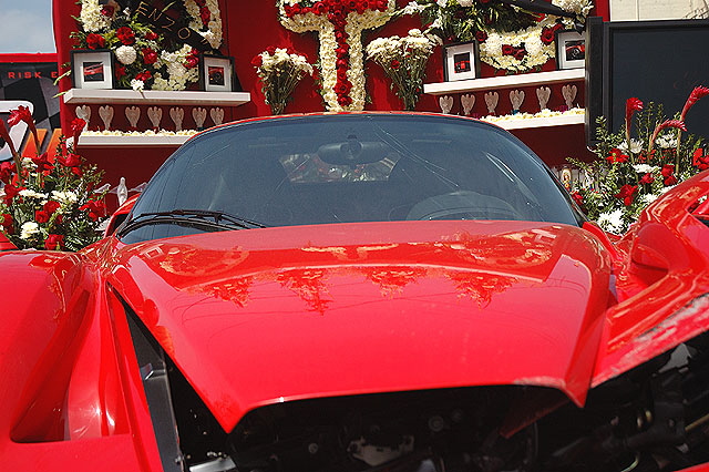 The Enzo Ferrari comedian Eddie Griffin wrecked during a recent charity race, on display outside Mann Chinese Theater, Hollywood, prior to the premier of the movie, "Redline." 