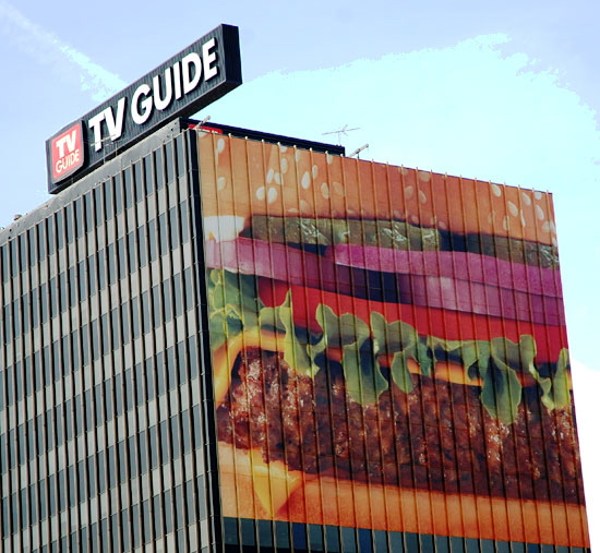 Hamburger graphic on TV Guide building, Hollywood