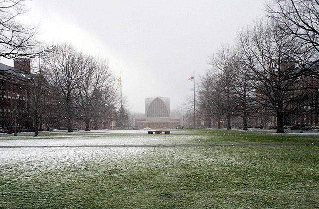 Late snow at the University of Rochester on the Eastman Quadrangle