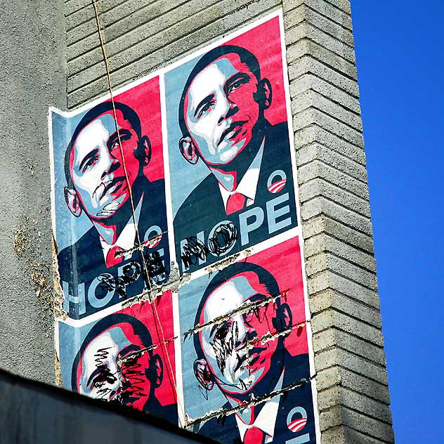 Defaced Obama posters at Hollywood Boulevard and Argyle 