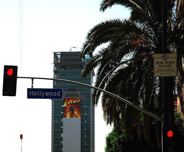 Hollywood and Vine (Bob Hope Square), looking south to unfinished Indian Jones promo on Sunset Boulevard